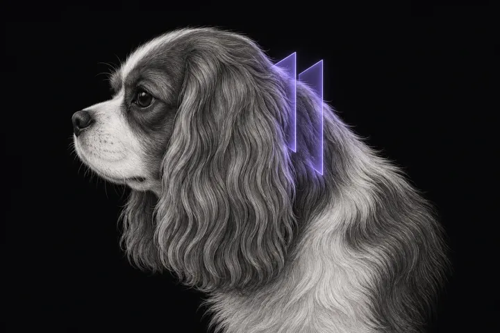 Stylised illustration of a dog's head and neck in profile with translucent MRI slice planes over the back of the skull and upper neck