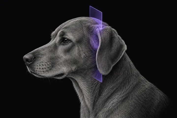 Stylised illustration of a dog's head in profile with a translucent transverse MRI slice plane at the level of the ear base