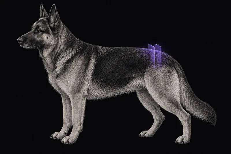 Stylised illustration of a dog's body in profile with translucent MRI slice planes over the lower back and pelvis