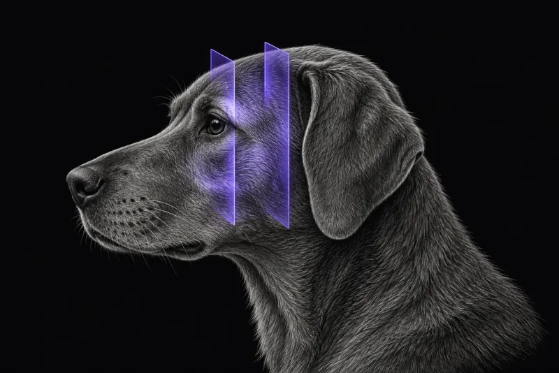Stylised illustration of a dog's head in profile with translucent MRI slice planes over the temporal and masseter muscles