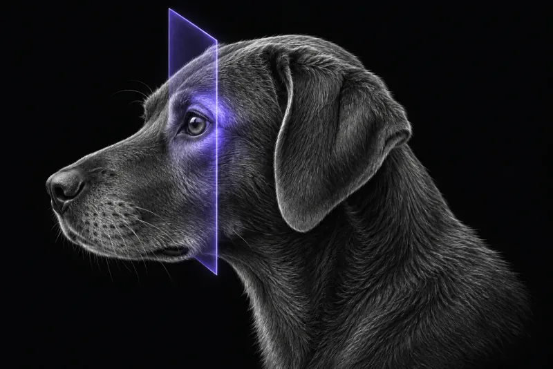 Stylised illustration of a dog's head in profile with translucent MRI slice planes over the orbit