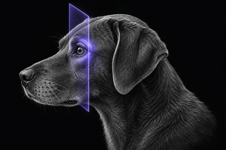 Stylised illustration of a dog's head in profile with translucent MRI slice planes over the orbit