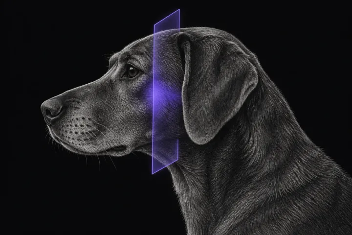 Stylised illustration of a dog's head in profile with translucent MRI slice planes through the centre of the skull