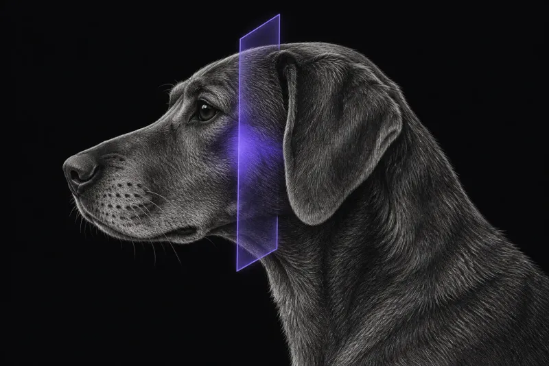 Stylised illustration of a dog's head in profile with translucent MRI slice planes through the centre of the skull