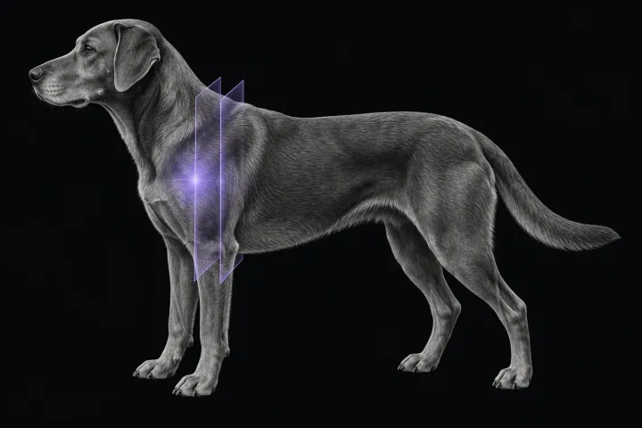 Stylised illustration of a dog's body in profile with translucent MRI slice planes over the shoulder