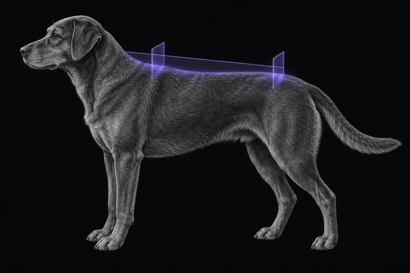 Stylised illustration of a dog's body in profile with translucent MRI slice planes over the spine