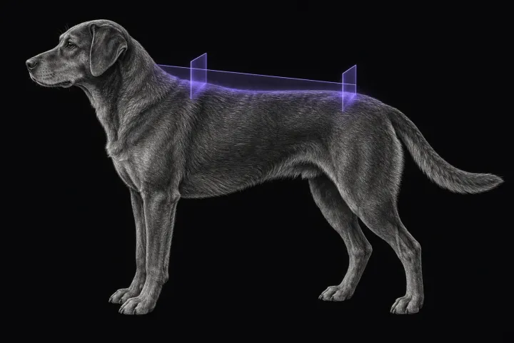 Stylised illustration of a dog's body in profile with translucent MRI slice planes over the spine