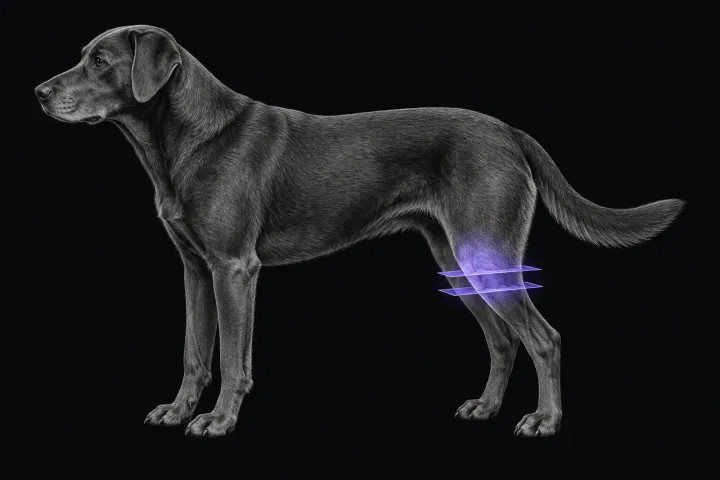 Stylised illustration of a dog's body in profile with translucent MRI slice planes over the stifle
