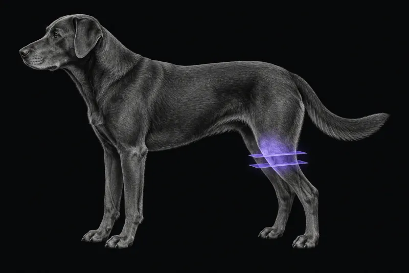Stylised illustration of a dog's body in profile with translucent MRI slice planes over the stifle