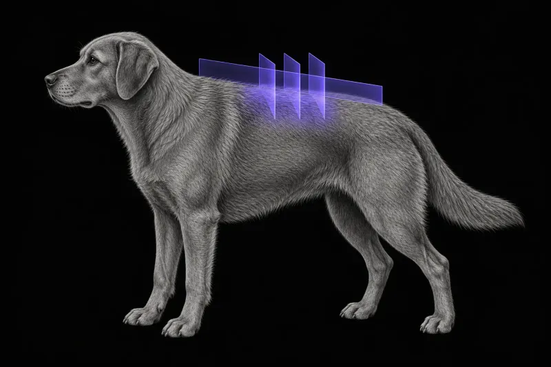 Stylised illustration of a dog's body in profile with translucent MRI slice planes over the back