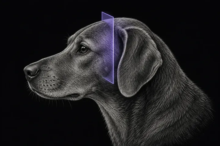 Stylised illustration of a dog's head in profile with translucent MRI slice planes over the side of the skull and jaw