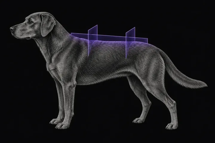 Stylised illustration of a dog's body in profile with translucent MRI slice planes over the vertebral column