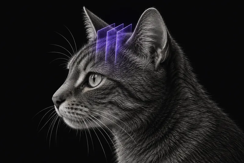 Stylised illustration of a cat's head in profile with translucent MRI slice planes over the top of the head