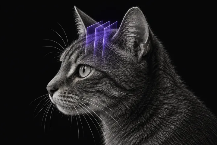Stylised illustration of a cat's head in profile with translucent MRI slice planes over the top of the head
