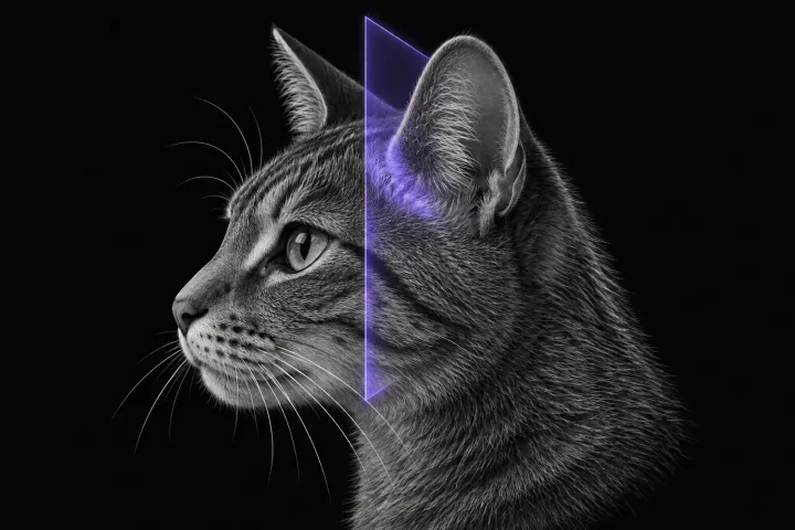 Stylised illustration of a cat's head in profile with translucent MRI slice planes at the level of the ear base