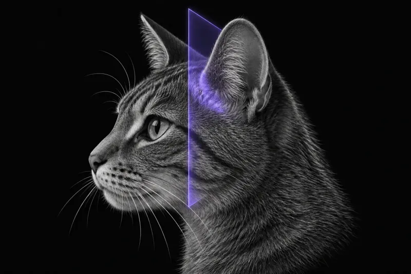 Stylised illustration of a cat's head in profile with translucent MRI slice planes at the level of the ear base