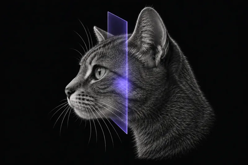 Stylised illustration of a cat's head in profile with translucent MRI slice planes over the base of the skull