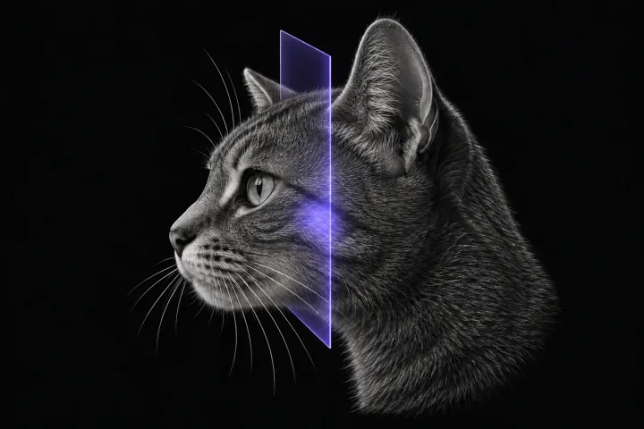 Stylised illustration of a cat's head in profile with translucent MRI slice planes over the base of the skull