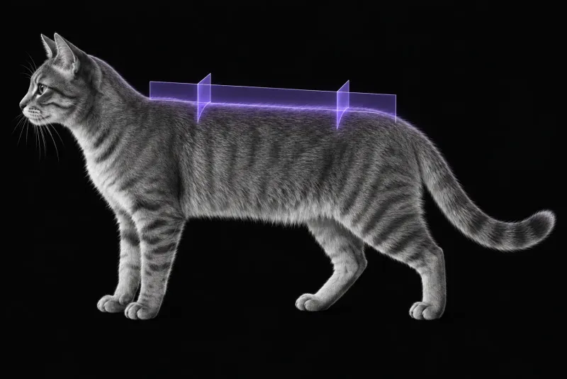 Stylised illustration of a cat's body in profile with translucent MRI slice planes along the spine