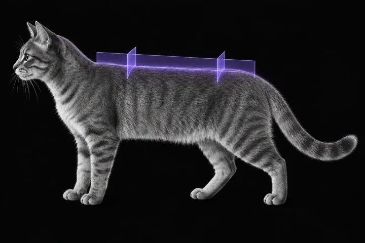 Stylised illustration of a cat's body in profile with translucent MRI slice planes along the spine