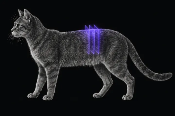 Stylised illustration of a cat's body in profile with translucent MRI slice planes over the thoracolumbar spine